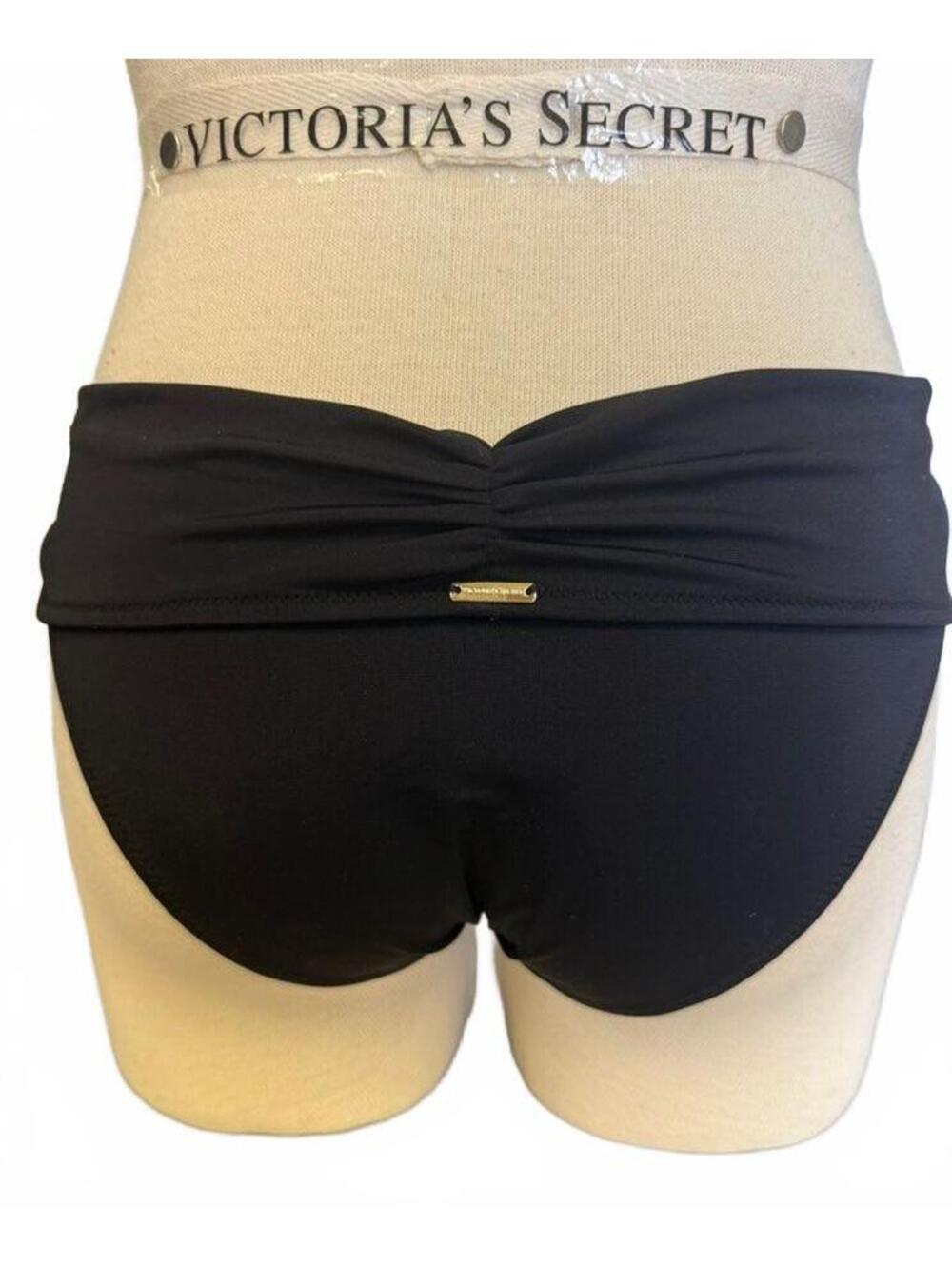 Victoria's Secret S Black Bikini Bottoms with Gold Accents Hottie Cheekie NWT